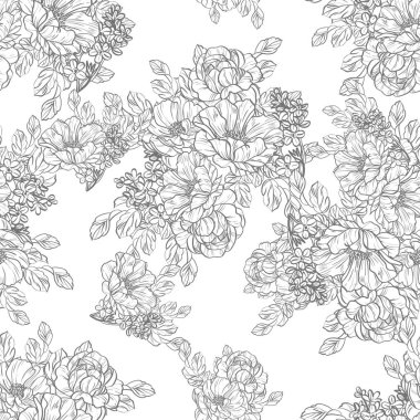 Sorunsuz vintage tarzı çiçek deseni. Siyah ve beyaz çiçek öğeleri.