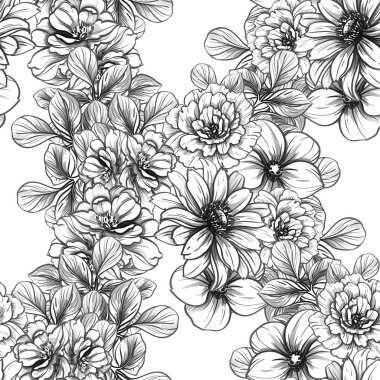 Sorunsuz vintage tarzı çiçek deseni. Siyah ve beyaz çiçek öğeleri.