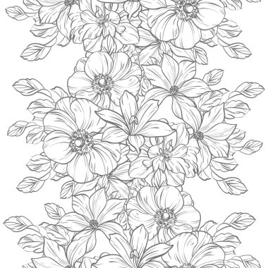 Sorunsuz vintage tarzı çiçek deseni. Siyah ve beyaz çiçek öğeleri.