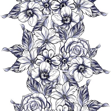 Sorunsuz vintage tarzı tek renkli renkli çiçek deseni. Çiçek öğeleri.