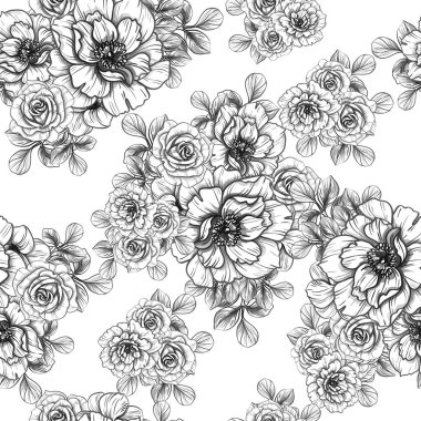 Sorunsuz vintage tarzı çiçek deseni. Siyah ve beyaz çiçek öğeleri.