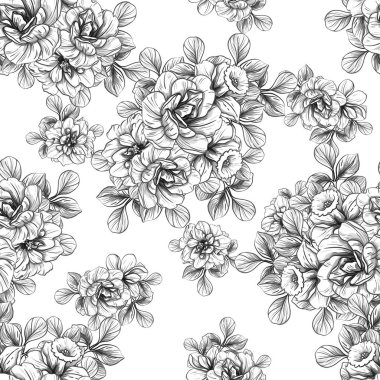 Sorunsuz vintage tarzı çiçek deseni. Siyah ve beyaz çiçek öğeleri.