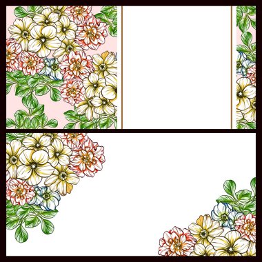 Klasik çiçek düğün kartları seti. Çiçek elementleri ve çerçeveleri.