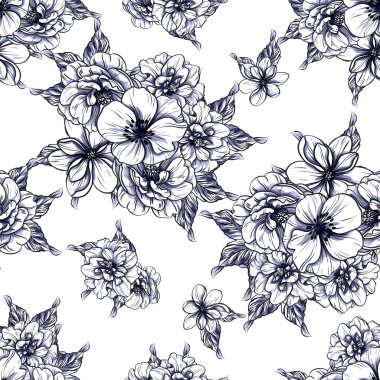 Sorunsuz vintage tarzı tek renkli renkli çiçek deseni. Çiçek öğeleri.