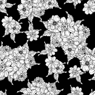Sorunsuz vintage tarzı çiçek deseni. Siyah ve beyaz çiçek öğeleri.