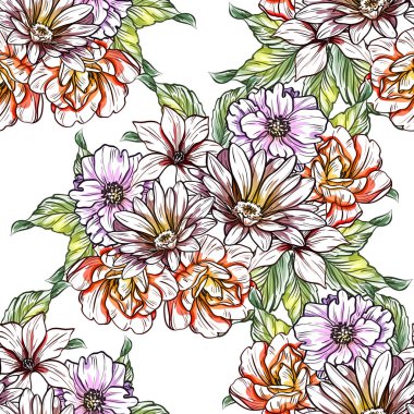 Sorunsuz vintage tarzı çiçek deseni. Renkli çiçek öğeleri