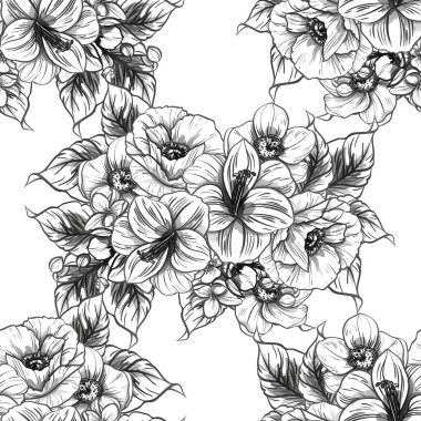 Sorunsuz vintage tarzı çiçek deseni. Siyah ve beyaz çiçek öğeleri.