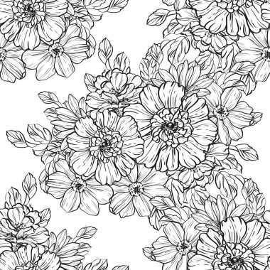 Sorunsuz vintage tarzı çiçek deseni. Siyah ve beyaz çiçek öğeleri.