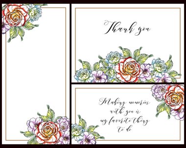 Vintage tarzı çiçek sevgi kartları renkli olarak ayarlayın. Çiçek öğeleri ve çerçeveler.