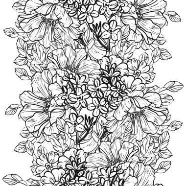 Sorunsuz vintage tarzı çiçek deseni. Siyah ve beyaz çiçek öğeleri.