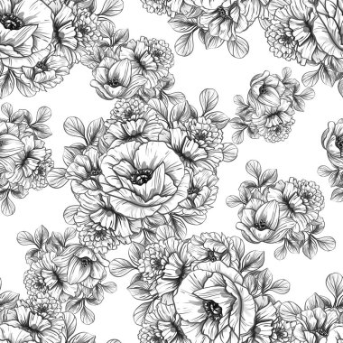 Sorunsuz vintage tarzı çiçek deseni. Siyah ve beyaz çiçek öğeleri.