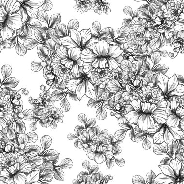 Sorunsuz vintage tarzı çiçek deseni. Siyah ve beyaz çiçek öğeleri.