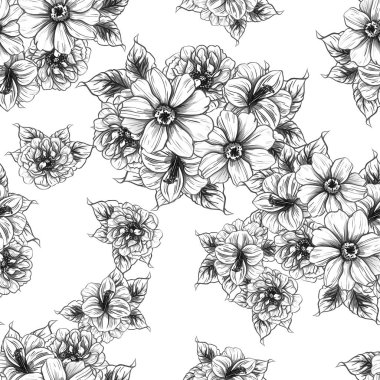 Sorunsuz vintage tarzı çiçek deseni. Siyah ve beyaz çiçek öğeleri.