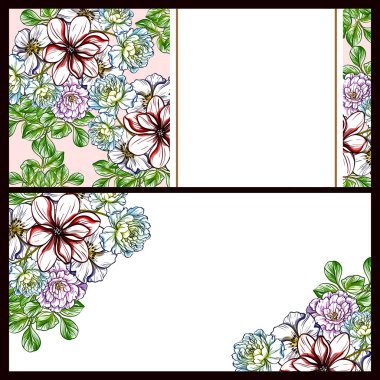 Vintage tarzı çiçek sevgi kartları renkli olarak ayarlayın. Çiçek öğeleri ve çerçeveler.