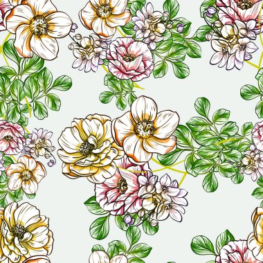 Sorunsuz vintage tarzı çiçek deseni. Renkli çiçek öğeleri