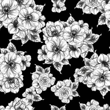 Sorunsuz vintage tarzı çiçek deseni. Siyah ve beyaz çiçek öğeleri.