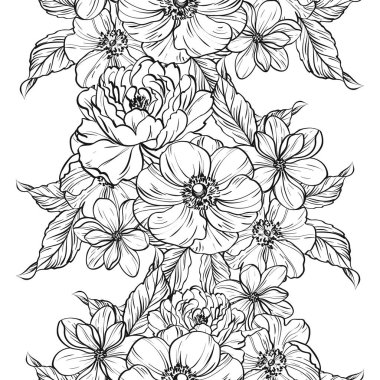 Sorunsuz vintage tarzı çiçek deseni. Siyah ve beyaz çiçek öğeleri.