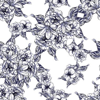 Sorunsuz vintage tarzı tek renkli renkli çiçek deseni. Çiçek öğeleri.