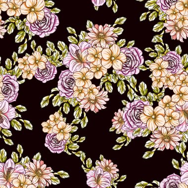 Sorunsuz vintage tarzı çiçek deseni. Renkli çiçek öğeleri