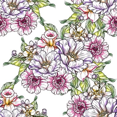 Sorunsuz vintage tarzı çiçek deseni. Renkli çiçek öğeleri