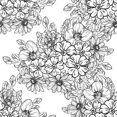 Sorunsuz vintage tarzı çiçek deseni. Siyah ve beyaz çiçek öğeleri.