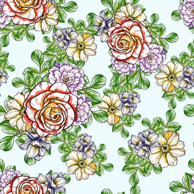 Sorunsuz vintage tarzı çiçek deseni. Renkli çiçek öğeleri