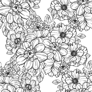 Sorunsuz vintage tarzı çiçek deseni. Siyah ve beyaz çiçek öğeleri.