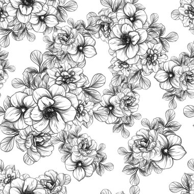 Sorunsuz vintage tarzı çiçek deseni. Siyah ve beyaz çiçek öğeleri.