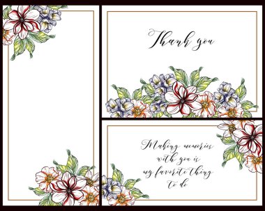 Klasik çiçek düğün kartları seti. Çiçek elementleri ve çerçeveleri.