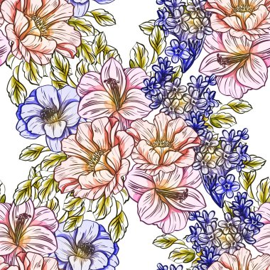 Sorunsuz vintage tarzı çiçek deseni. Renkli çiçek öğeleri