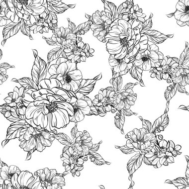 Sorunsuz vintage tarzı çiçek deseni. Siyah ve beyaz çiçek öğeleri.