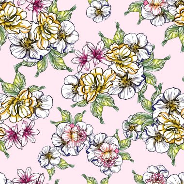 Sorunsuz vintage tarzı çiçek deseni. Renkli çiçek öğeleri