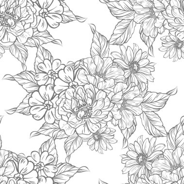 Sorunsuz vintage tarzı çiçek deseni. Siyah ve beyaz çiçek öğeleri.