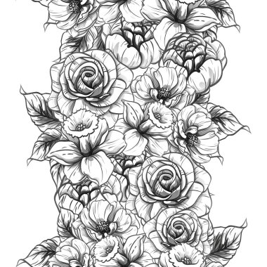 Sorunsuz vintage tarzı çiçek deseni. Siyah ve beyaz çiçek öğeleri.