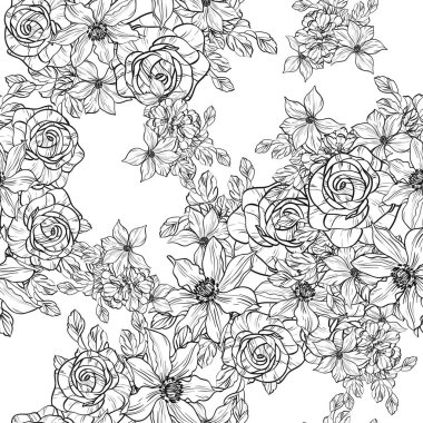 Sorunsuz vintage tarzı çiçek deseni. Siyah ve beyaz çiçek öğeleri.