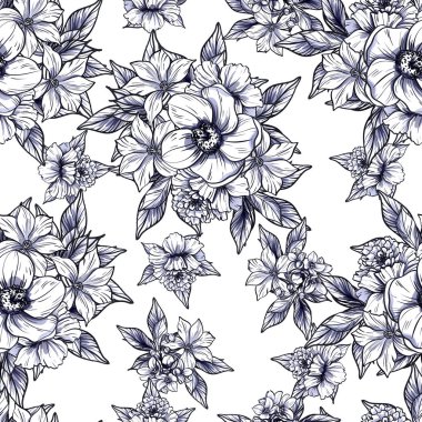 Sorunsuz vintage tarzı tek renkli renkli çiçek deseni. Çiçek öğeleri.