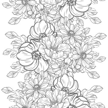 Sorunsuz vintage tarzı çiçek deseni. Siyah ve beyaz çiçek öğeleri.