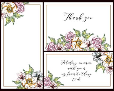 Vintage tarzı çiçek sevgi kartları renkli olarak ayarlayın. Çiçek öğeleri ve çerçeveler.