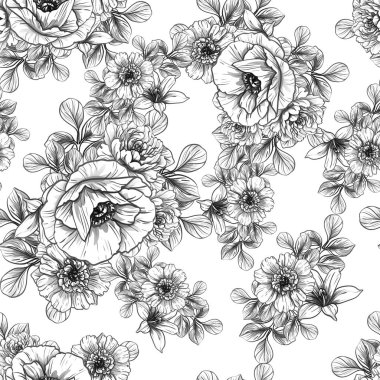 Sorunsuz vintage tarzı çiçek deseni. Siyah ve beyaz çiçek öğeleri.