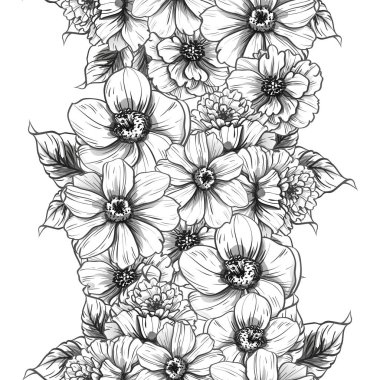 Sorunsuz vintage tarzı çiçek deseni. Siyah ve beyaz çiçek öğeleri.