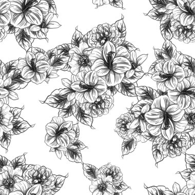 Sorunsuz vintage tarzı çiçek deseni. Siyah ve beyaz çiçek öğeleri.