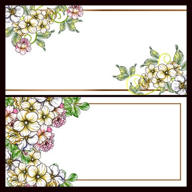 Vintage tarzı çiçek sevgi kartları renkli olarak ayarlayın. Çiçek öğeleri ve çerçeveler.