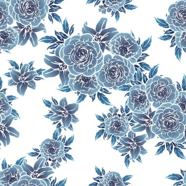 Sorunsuz vintage tarzı tek renkli koyu mavi renkli çiçek deseni. Çiçek öğeleri.