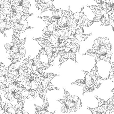 Sorunsuz vintage tarzı çiçek deseni. Siyah ve beyaz çiçek öğeleri.