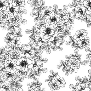 Sorunsuz vintage tarzı çiçek deseni. Siyah ve beyaz çiçek öğeleri.