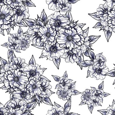 Sorunsuz vintage tarzı tek renkli renkli çiçek deseni. Çiçek öğeleri.