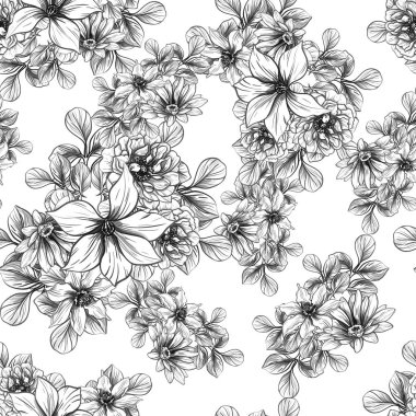 Sorunsuz vintage tarzı çiçek deseni. Siyah ve beyaz çiçek öğeleri.
