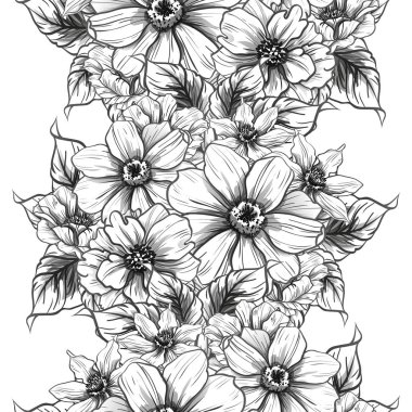 Sorunsuz vintage tarzı çiçek deseni. Siyah ve beyaz çiçek öğeleri.