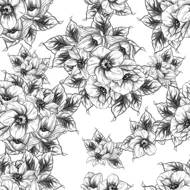 Sorunsuz vintage tarzı çiçek deseni. Siyah ve beyaz çiçek öğeleri.