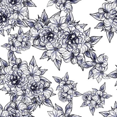 Sorunsuz vintage tarzı tek renkli renkli çiçek deseni. Çiçek öğeleri.